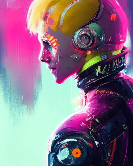 Prompt: detailed portrait Neon guard woman with blonde hair seen from the back, cyberpunk futuristic, reflective puffer jacket, black leggings, decorated with traditional ornaments by Ismail inceoglu dragan bibin hans thoma, Perfect face, fine details, realistic shaded, fine-face, pretty face