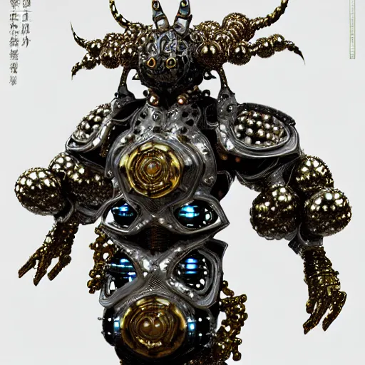 Prompt: cyber japanese armor character made of pearl beads : by michal karcz, daniel merriam, victo ngai and guillermo del toro : ornate, dynamic, particulate, intricate, elegant, highly detailed, centered, artstation, smooth, sharp focus, octane render