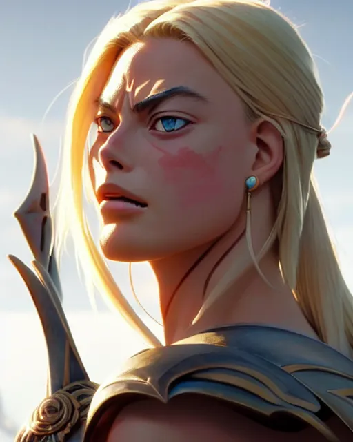 Image similar to azctec warrior, margot robbie, detailed perfect face, exquisite details, fire magic, mid view, design on a white background, by studio muti, greg rutkowski makoto shinkai takashi takeuchi studio ghibli