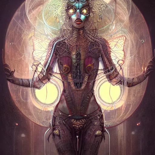 Image similar to realistic illustration of a beautiful rusted mechanical faerie queen with glowing eyes, moth wings with geometric patterns, reflective detailed textures, highly detailed dark fantasy science fiction painting by tom bagshaw and diego rivera and jean delville, silver and cool colors, artstation