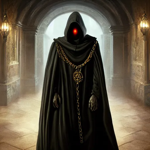 Prompt: a portrait of a man wearing a long dark cloak, hood and shadows covering face, holding golden chains, oil painting, Volumetric Golden dappled dynamic lighting, Highly Detailed, Cinematic Lighting, Unreal Engine, 8k, HD