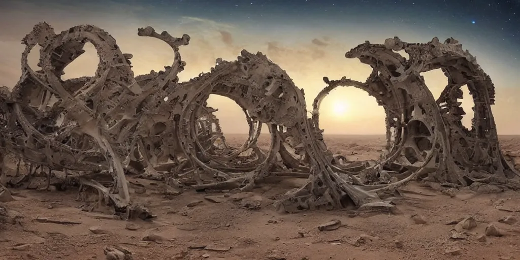 Image similar to supernova, neo brutalism space station ruins in the mars desert, giant whale skeleton, whale bones, whale graveyard, painted by steve mccurry, ruan jia, raymond swanland, lawrence alma tadema, zdzislaw beksinski, norman rockwell, jack kirby, tom lovell, alex malveda, greg staples