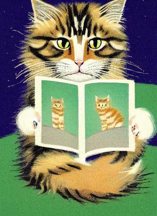 Image similar to an extreme close - up portrait of a cute fluffy cat reading in a scenic representation of mother nature and the meaning of life by billy childish, thick visible brush strokes, shadowy landscape painting in the background by beal gifford, vintage postcard illustration, minimalist cover art by mitchell hooks