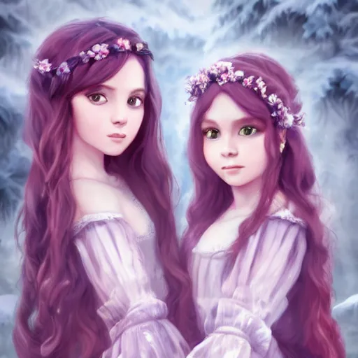 Prompt: a highly detailed portrait of sisters with purpure very very long hair, There are large snow-white peonies in the background, artstation, highly detailed, portrait, by ghilby