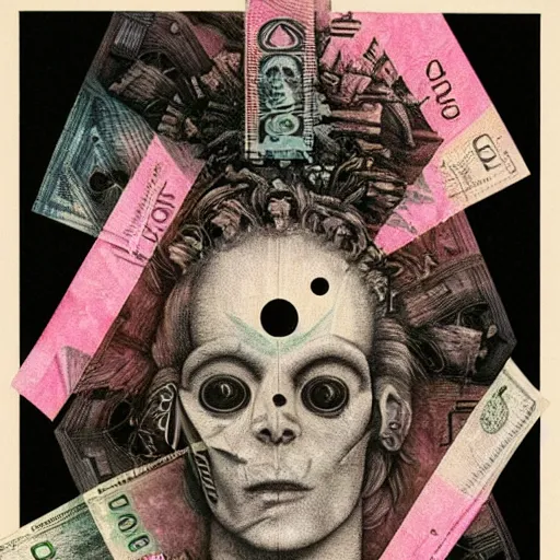 Image similar to post - punk new age album cover, asymmetrical design, dollar bank notes, capitalism, magic, apocalypse, psychedelic, black white pastel pink, slightly holographic, magic, giger h. r., giuseppe arcimboldo, peder balke