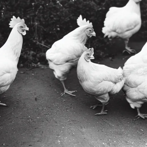 Prompt: A group of chickens wearing gang bandanas, eye-catching , dramatic, photographed by Henri Cartier-Bresson on a Leica camera