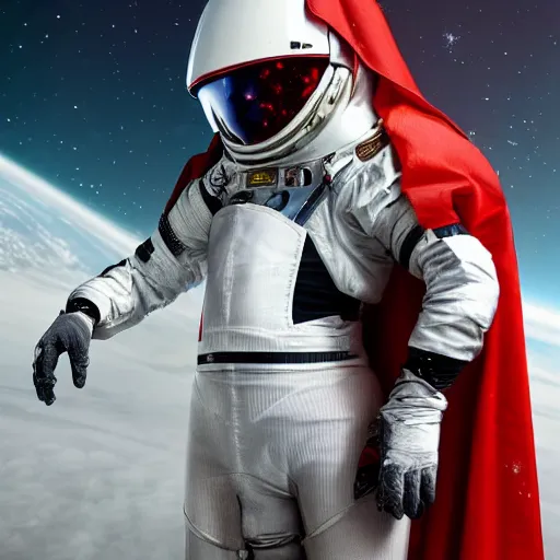 Image similar to a young female space cadet wearing blood-spattered glossy sleek white dinged scuffed armor and a long torn red cape, spacewalk, weightlessness, frost damage, background of stars, elegant, battle weary, no helmet, dramatic lighting, cinematic, sci-fi, hyperrealistic, detailed