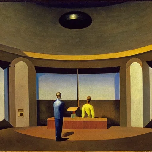 Image similar to scientists inspecting a giant mechanical eye in a dome - shaped control center, grant wood, pj crook, edward hopper, oil on canvas