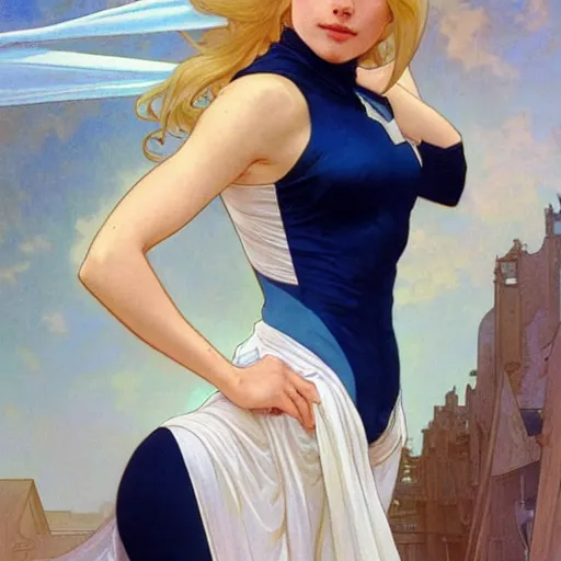 Prompt: a beautiful portrait of a beautiful cute young woman shoulder - length blonde hair superhero wearing a tight solid matte navy blue lycra suit white cape white cowl white shoulders, blue eyes, intricate, elegant, 8 k, highly detailed, digital painting, concept art, smooth, sharp focus, illustration, by artgerm greg rutkowski alphonse mucha loish wlop