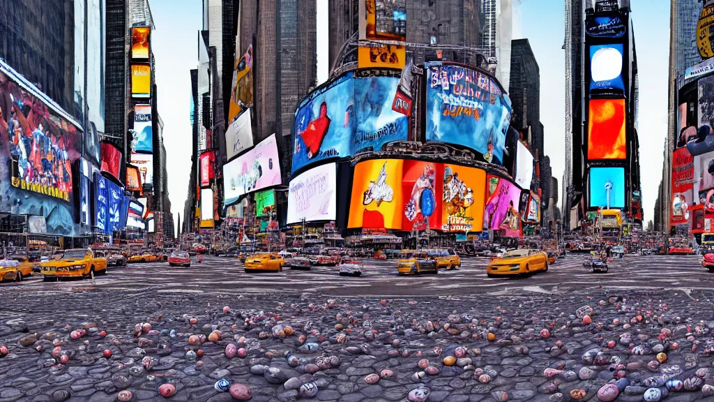 Prompt: a highly detailed, realistic photo of New York Time Square, the ground is completely filled with eggs, intricate, 8k highly professionally detailed, HDR