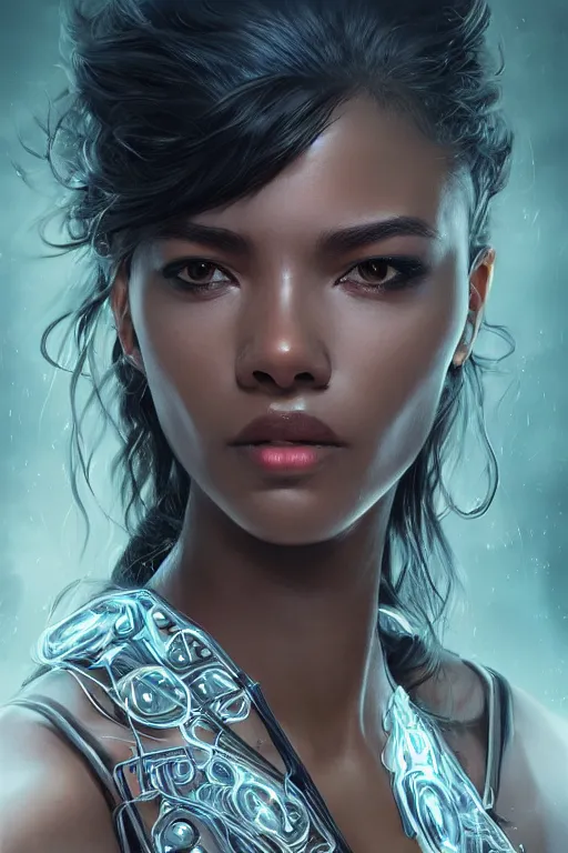 Prompt: ultra realistic illustration, closeup headshot 3 5 mm, black woman, hacknaut cyberpunk, sci - fi, fantasy, intricate, elegant, highly detailed, digital painting, artstation, concept art, smooth, sharp focus, illustration, art by artgerm and greg rutkowski and alphonse mucha