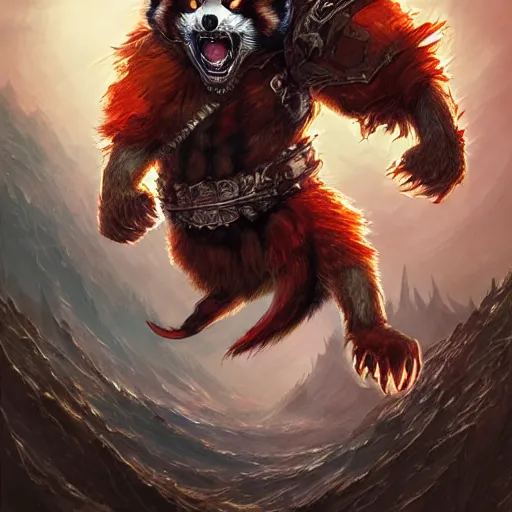 Image similar to red panda as wrath of the lich king character, digital illustration portrait design, by android jones and greg rutkowski, retrowave color scheme, detailed, cinematic lighting, wide angle action dynamic portrait
