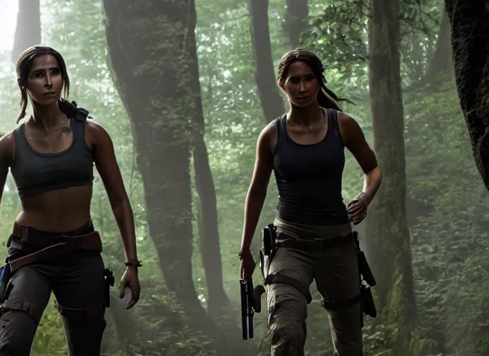 Image similar to film still of!!!! naomi scott!!! as lara croft in new tomb raider movie, 8 k