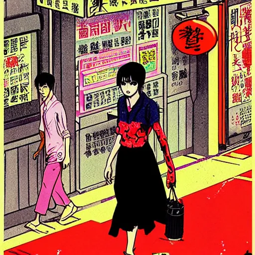 Prompt: glossy old advertising poster, young woman walking through crowded hong kong street, vendors, zombies, horror, drawn comic by junji ito, pastels, gradient,