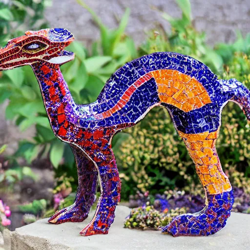 Image similar to mosaic sculpture of a alebrije chimera, irregularly shaped mosaic tiles, hand glazed pottery shards, in the style of folk art, in a cottagecore flower garden