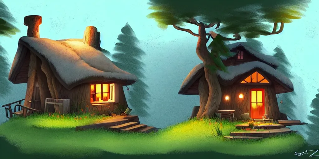 Prompt: a cozy little house in the woods, relaxing, concept art by scott zenteno