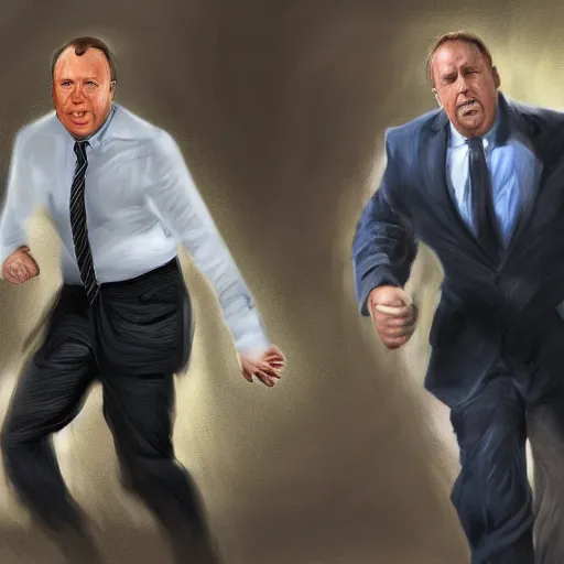 Image similar to Scared and frantic Alex Jones running from men in suits, digital painting, hype realistic, trending on art station