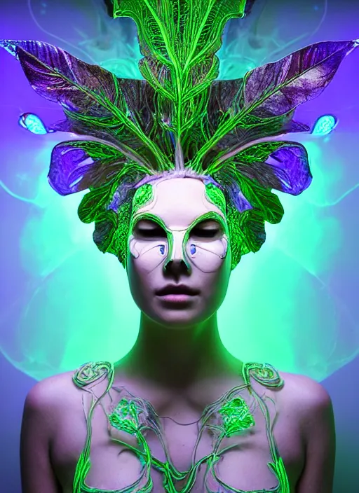 Image similar to 3 d goddess medium half - turn shot portrait with hyperdimensional mycorrhizal implants. beautiful intricately detailed avante garde leaf - vein mask and synthwave sorceress outfit. glowing bio luminescent, water, pulse projections, plasm creature, artwork by tooth wu and wlop and android jones and beetle and greg rutkowsk