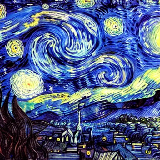 Image similar to Man sees Cthulhu coming from the night sky of a city, oil painting, illustrated by Vincent van Gogh