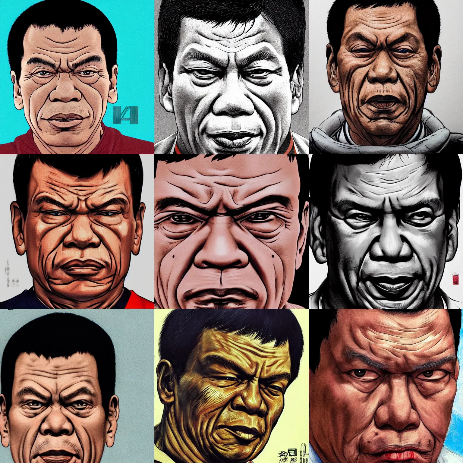 Prompt: a close up portrait of rodrigo duterte, by katsuhiro otomo, akira movie style, mother sarah artist, highly detailed, trending on artstation, illustration, concept art