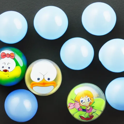 Image similar to translucent gelatin orb filled with cartoon characters