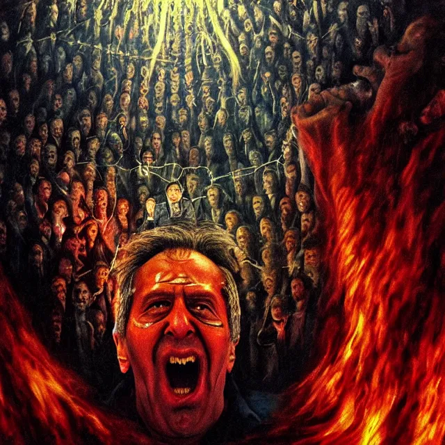 Prompt: shocked sergey lavrov with tears in cage, cage, hell, hyper - realistic, sharp focus, depth of field, hyper - detailed visionary art, symmetric, hell, holy halo, dramatic ambient lighting, high detail, vibrant colors, the thing 1 9 8 2, judgment day, apocalypse,