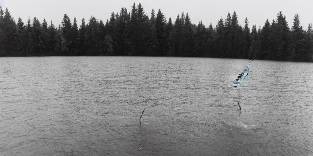 Prompt: symmetrical photograph of an infinitely long rope submerged on the surface of the water, the rope is snaking from the foreground towards the center of the lake, a dark lake on a cloudy day, trees in the background, moody scene, kodak colorful film stock, anamorphic lens