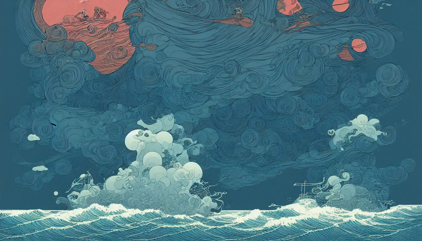 Image similar to storm at sea by balmy enso, jamie hewlett, nicolas delort, moebius, victo ngai, josan gonzalez, kilian eng