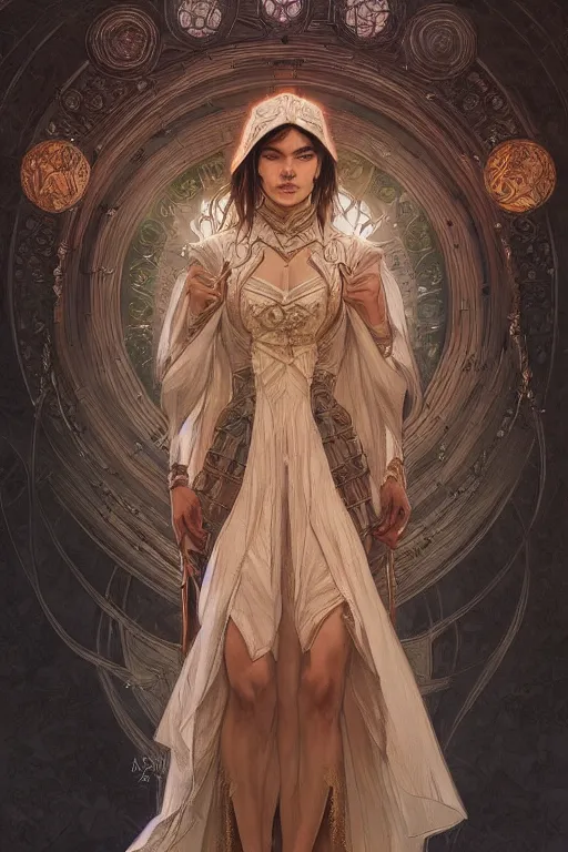 Image similar to full body portrait of a female mage, D&D, fantasy, intricate, elegant, highly detailed, digital painting, artstation, concept art, smooth, sharp focus, illustration, art by artgerm and greg rutkowski and alphonse mucha