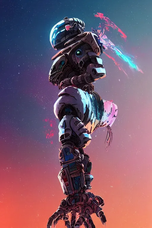 Image similar to strange creature in dead space space suit radiating a glowing aura with dark background, horizon forbidden west horizon zero dawn global illumination ray tracing hdr fanart arstation by ian pesty and alena aenami artworks in 4 k tribal robot ninja mask helmet backpack