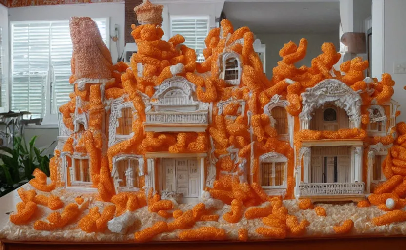 Prompt: beach house made of cheetos, rococo style, extremely detailed