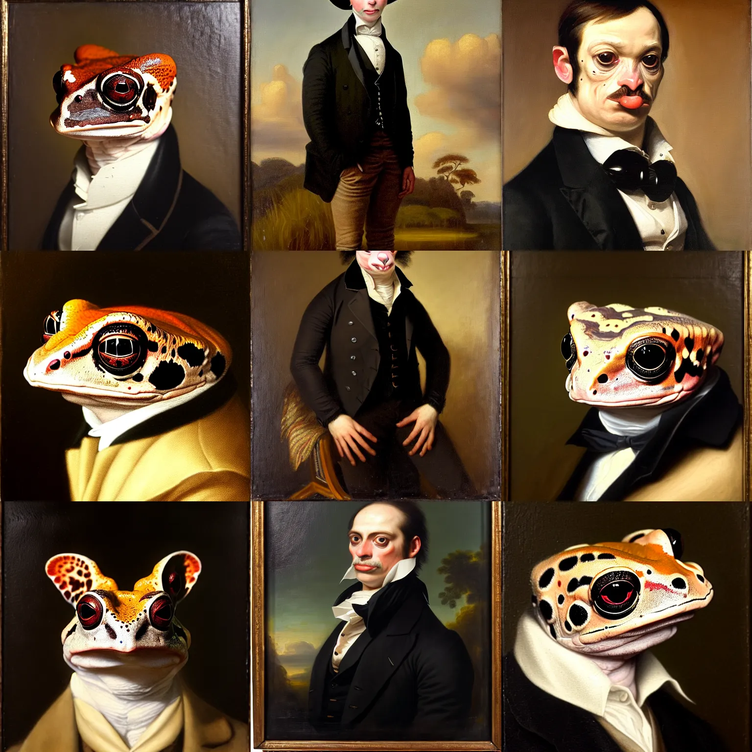 Prompt: a head - and - shoulders portrait of an amazon milk frog looking off camera wearing a black buttoned jacket with a tan waistcoat and white ascot, an american romanticism painting, a portrait painting, cgsociety, soft focus, oil on canvas