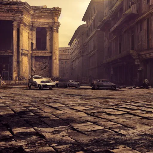 Image similar to post apocalyptic Rome,ultra wide, octane render, cinematic, hyper realistic,