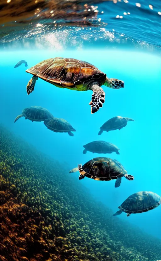 Image similar to lots of sea turtles swimming in the ocean, wide angle shot by greg rutkowski