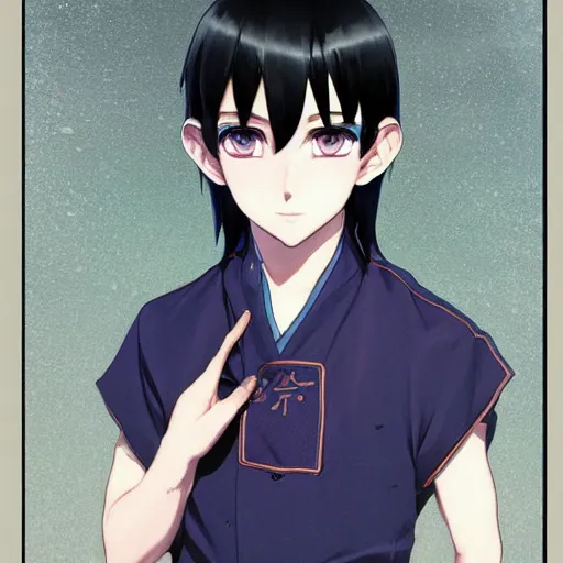 Image similar to small boy with black hair and blue purple eye, school uniform, anime style, hyper detailed, illustration, digital painting, art by artgerm and greg rutkowski and alphonse mucha, high delicate defined details, anime stylized, highly detailed, realistic, sharp focus, symmetrical face