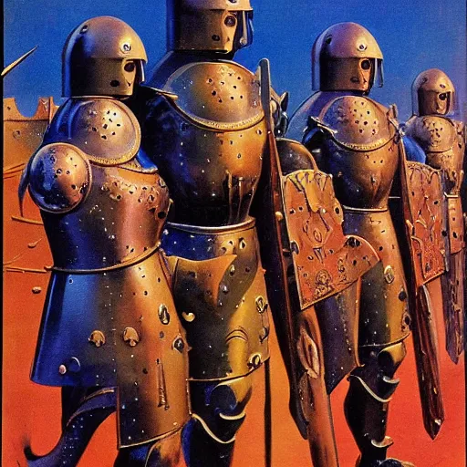 Image similar to a painting of shining metal medieval armors soldiers by bruce pennington nicholas roerich, by frank frazetta, by amazon, by georgia o keeffe, reflective metallic