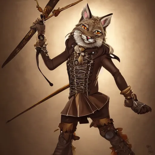 Prompt: wide angle beautiful full body portrait of a strong male anthropomorphic anthro lynx fursona wearing a steampunk dress surrounded by floating swords. character design by disney, anime, manga, charlie bowater, ross tran, artgerm, and makoto shinkai, detailed, soft lighting, rendered in octane, light brown fur