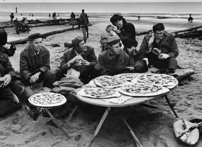 Image similar to vintage photo of a pizza party on omaha beach in normandy