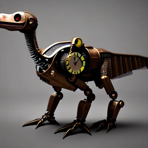 Prompt: steampunk robot velociraptor, photorealistic 3 d octane render, unreal engine