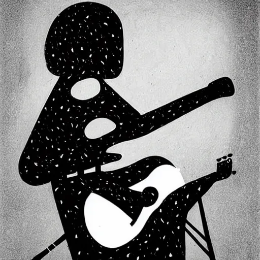 Prompt: black white red painting on black paper, folkloric illustration , the guitar player , tarot by Dawid Planeta