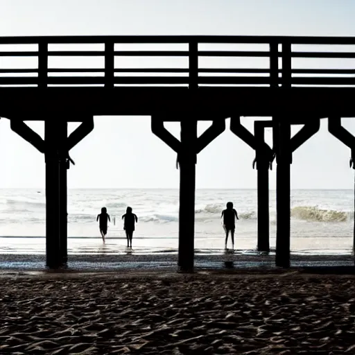 Image similar to a blurry photograph of a humanoid silhouette walking on the beach, taken from under a pier, pillars in the foreground, real, realistic, 4 k, photography