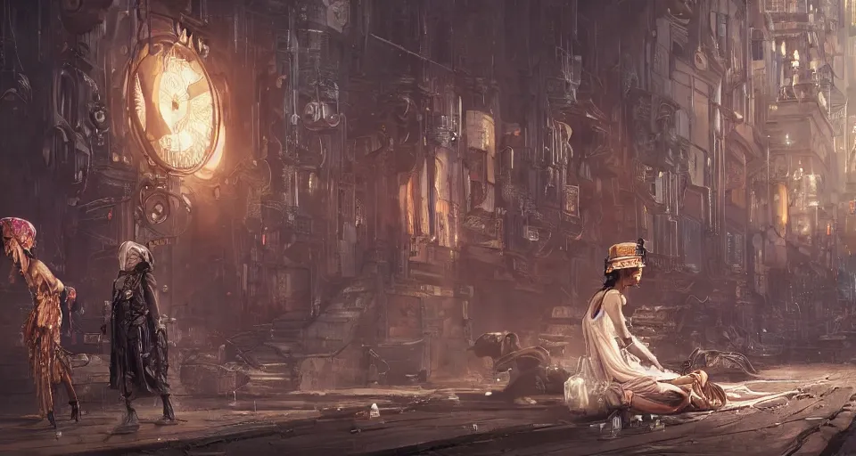 Prompt: a highly detailed epic cinematic concept art CG render digital painting artwork scene: retrofuturistic 1920s cyberpunk steampunk clockwork beggar covered with veil lying on the ground. By Greg Rutkowski, Ilya Kuvshinov, WLOP, Stanley Artgerm Lau, Ruan Jia and Fenghua Zhong, trending on ArtStation, made in Maya, Blender and Photoshop, octane render, excellent composition, cinematic dystopian brutalist atmosphere, dynamic dramatic cinematic lighting, aesthetic, very inspirational, arthouse