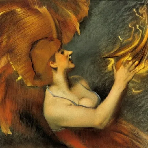 Prompt: A beautiful kinetic sculpture of a bright and fiery soul a power to do great things; but I fear you may one day unleash such a tempest of fire that you may consume yourself, and all the world around you. airbrush by Edgar Degas, by William Hogarth churning, lines