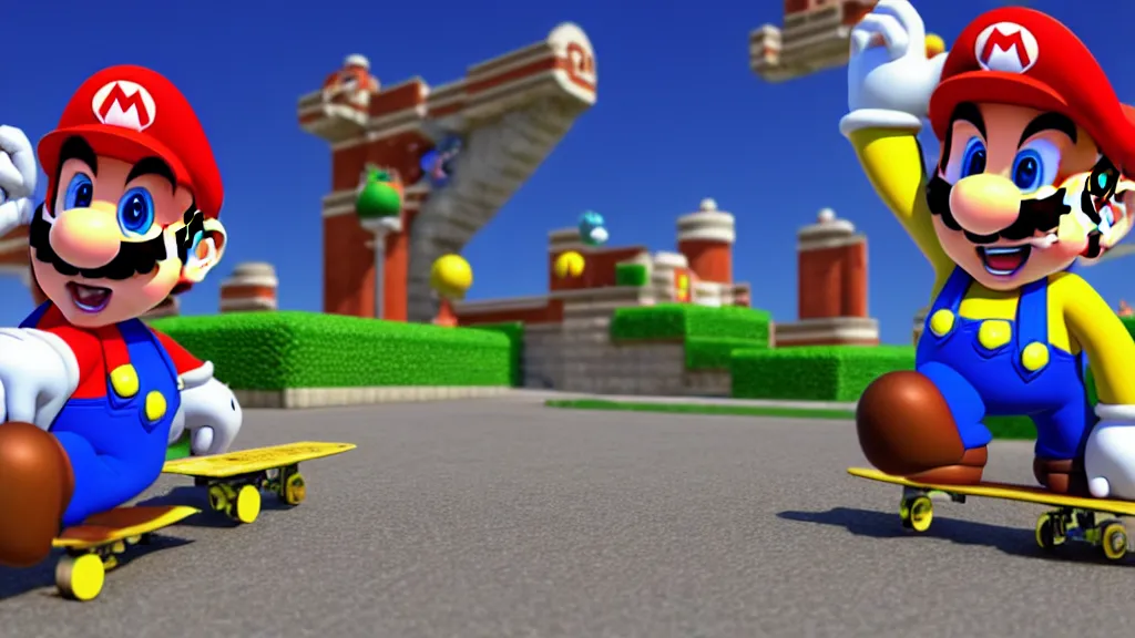 Image similar to super mario skateboarding, 3d render, video game screenshot, global illumination, ray tracing, hdr