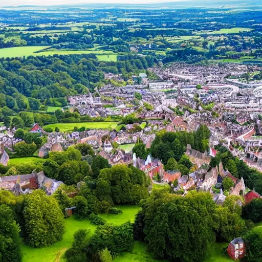 Prompt: beautiful aerial view of a small british town surrounded by a forest