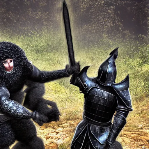 Prompt: knight in black armor fighting a tall troll, realistic, photo, fine detail, 8 k, hdr