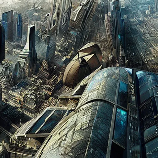 Prompt: An epic future utopian science fantasy cityscape, sustainable architecture, hyperdetailed photorealistic wide angle landscape painting, by Zack Snyder and James Cameron