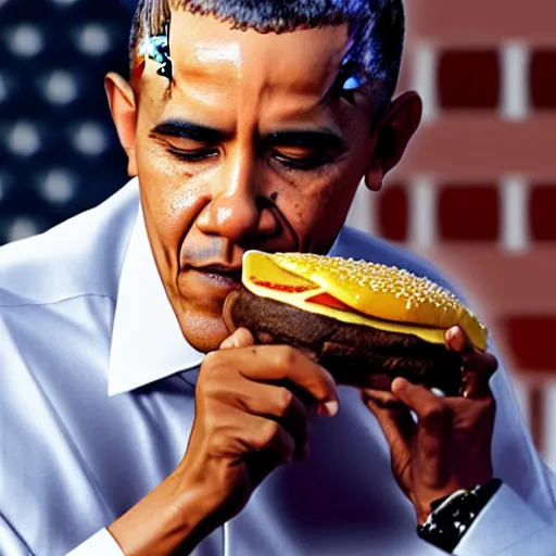 Image similar to Barack Obama eating a cheeseburger, photo realistic, award-winning, highly-detailed, epic, cinematic, dramatic