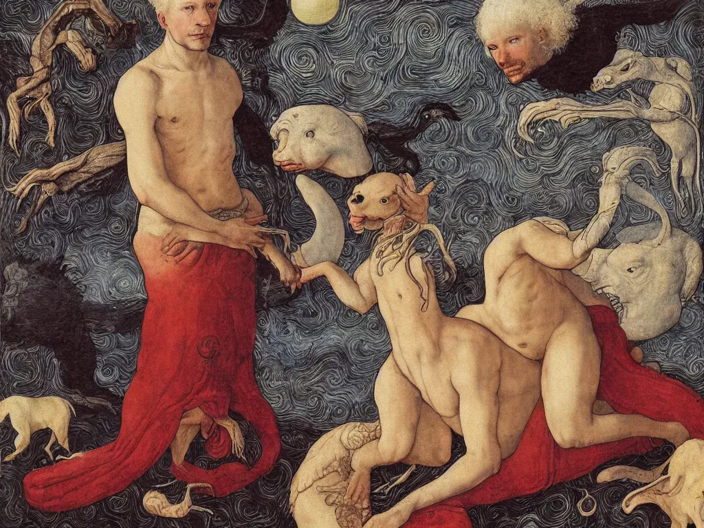 Image similar to Portrait of an albino man with animals on Neptune a million years ago. Painting by Lucas Cranach, Moebius.