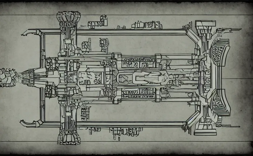 Image similar to schematic for a futuristic sacrificial altar to the horrible god vecna